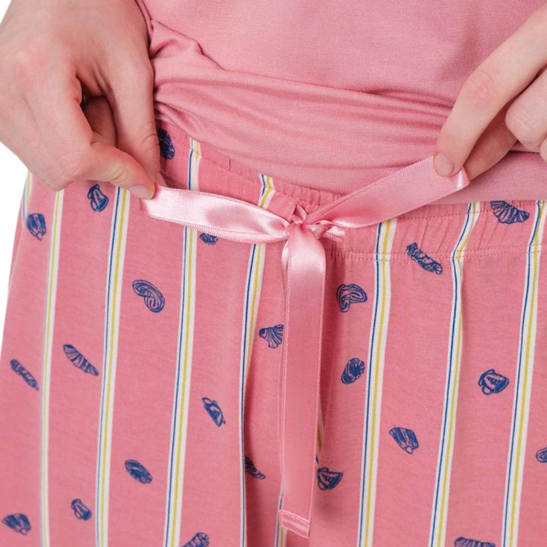 Pigiama Donna mezza manica pantaloncino corto aperto rosa con disegni colazione