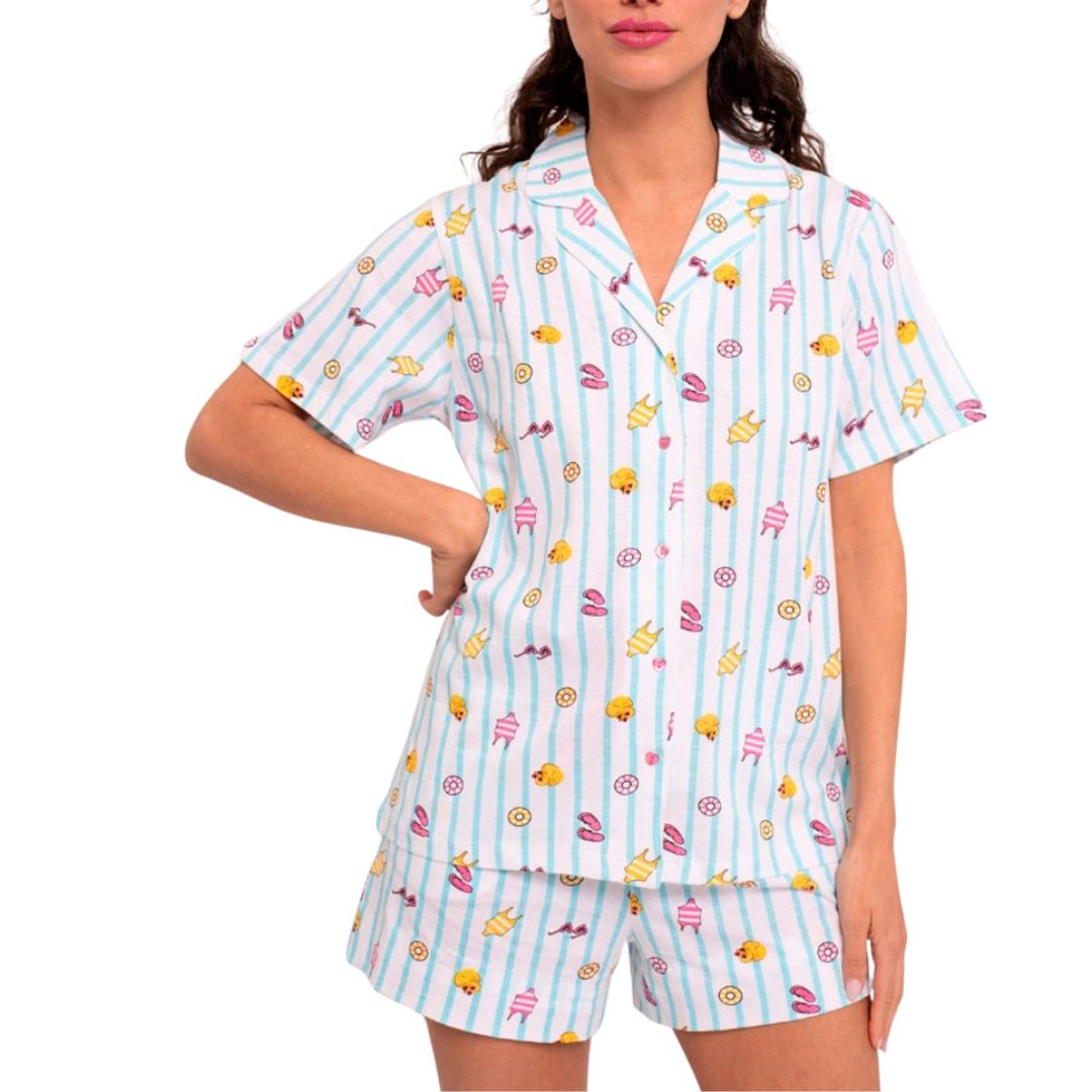 Pigiama Donna Aperto con paperelle  in cotone mezza manica pantaloncino corto