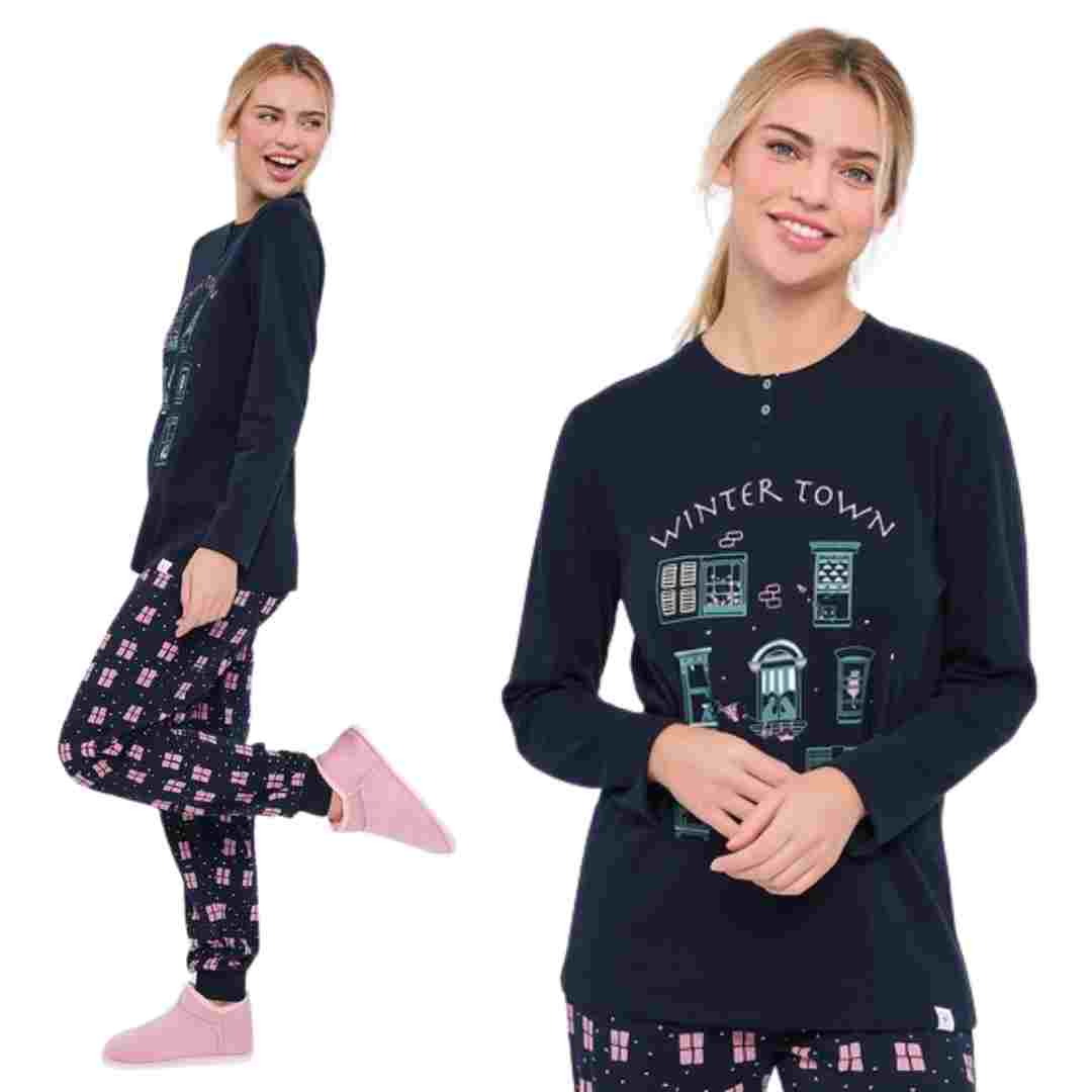 Pigiama donna blu  felpato con finestre