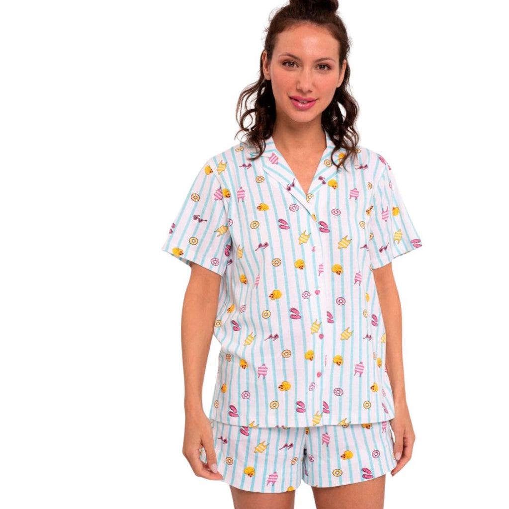 Pigiama Donna Aperto con paperelle  in cotone mezza manica pantaloncino corto