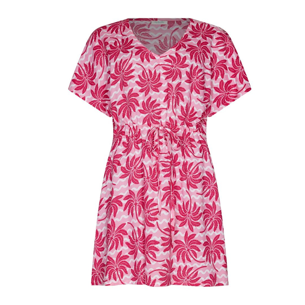 Vestito mezza manica base ROSA con motivi PALME COLORE FUCSIA