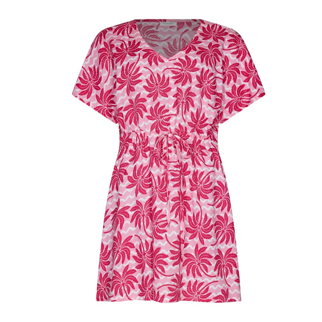 Vestito mezza manica base ROSA con motivi PALME COLORE FUCSIA