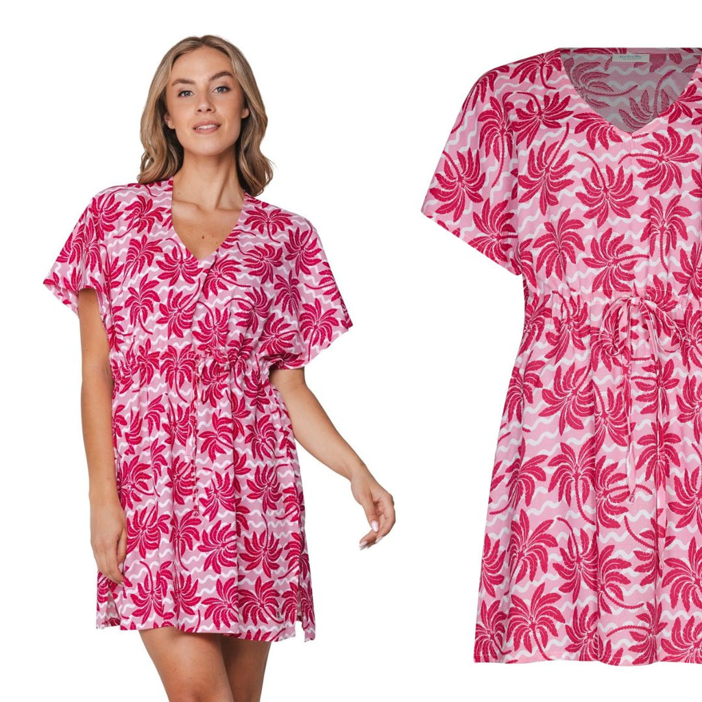 Vestito mezza manica base ROSA con motivi PALME COLORE FUCSIA