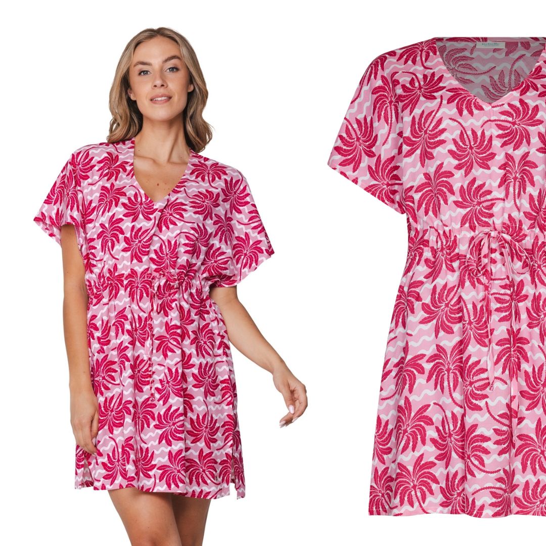 Vestito mezza manica base ROSA con motivi PALME COLORE FUCSIA