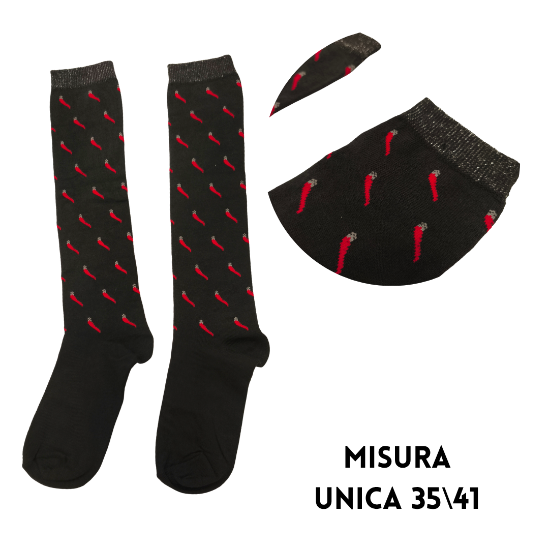 Calza al Ginocchio con Fantasia Cornetti Portafortuna e Bordo Lurex