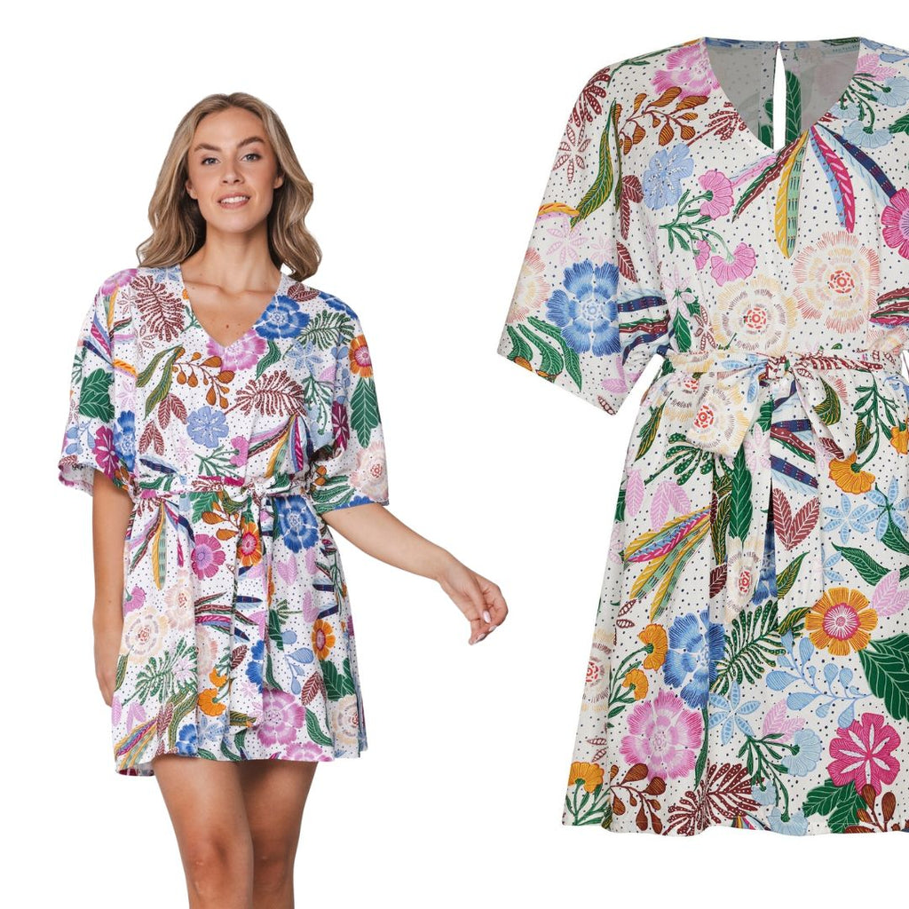 Vestito mezza manica collo A V (90 cm) base BIANCA con motivi FIORI MULTICOLOR