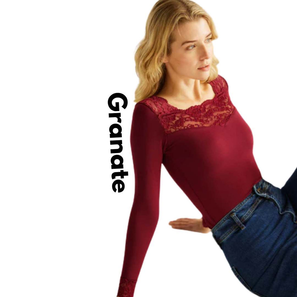 T-shirt termica a maniche lunghe con pizzo