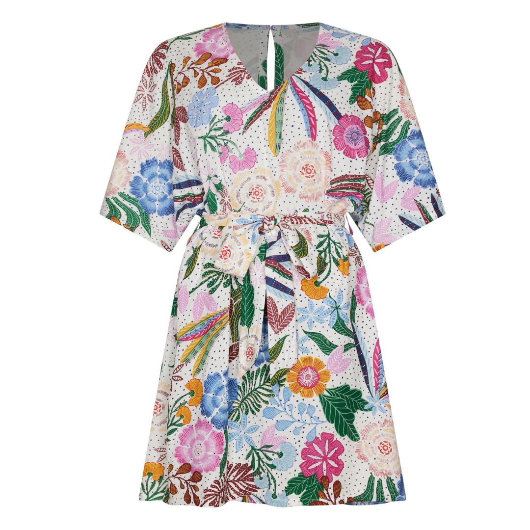 Vestito mezza manica collo A V (90 cm) base BIANCA con motivi FIORI MULTICOLOR