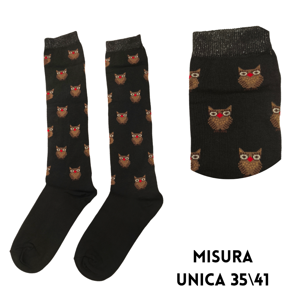 Calza al Ginocchio con Fantasia Gufetti e Bordo Lurex