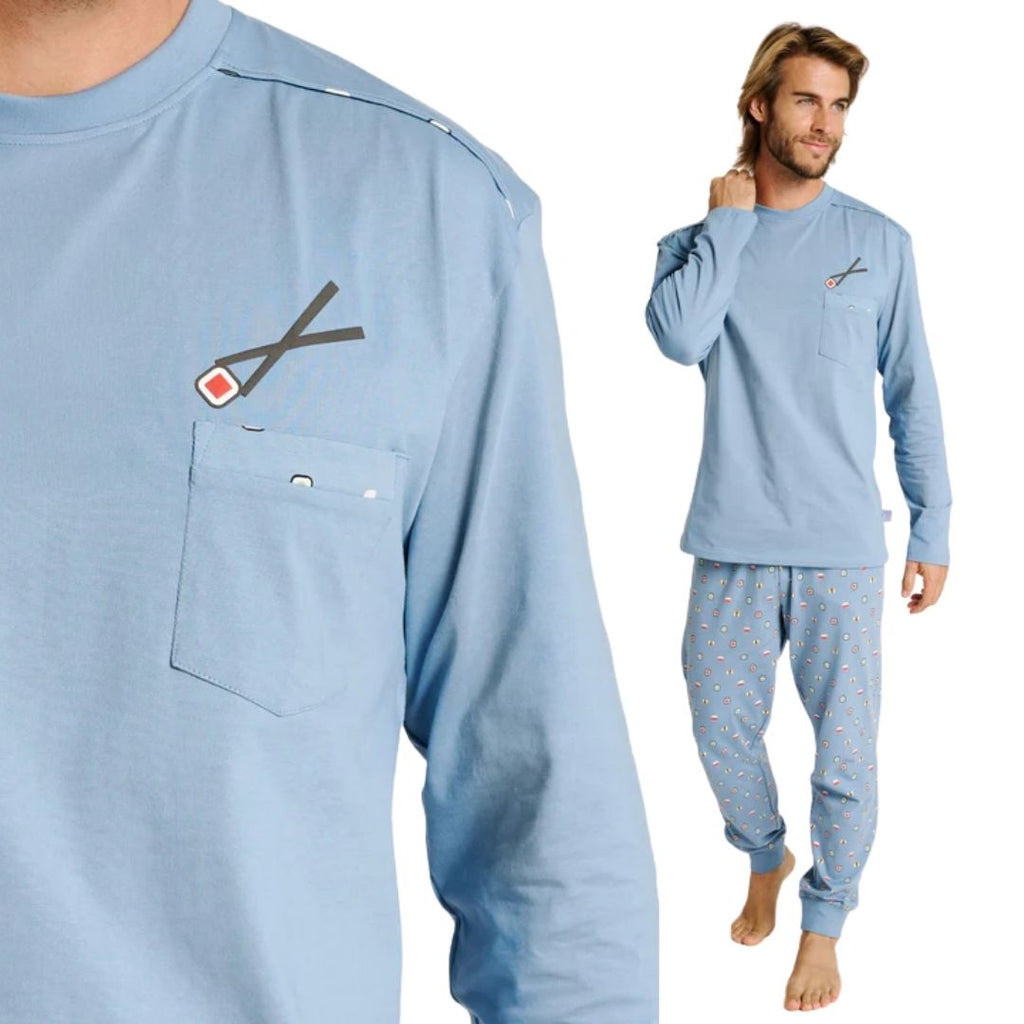 Pigiama Uomo Celeste in cotone manica lunga con sushi