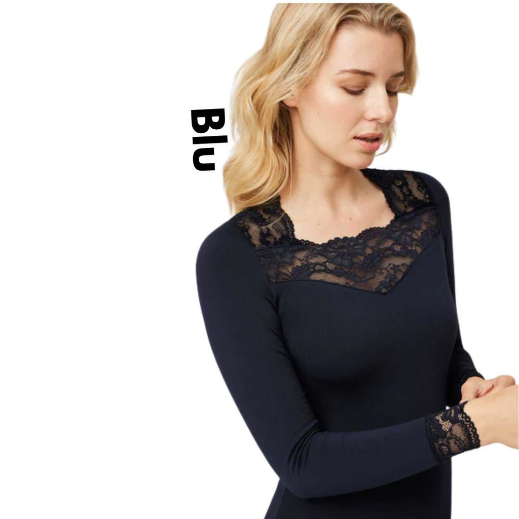 T-shirt termica a maniche lunghe con pizzo
