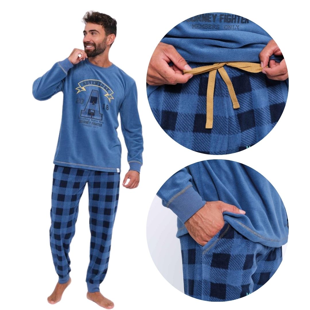 Pigiama Uomo in pile avio e blu con stampa e pantaloni a quadri