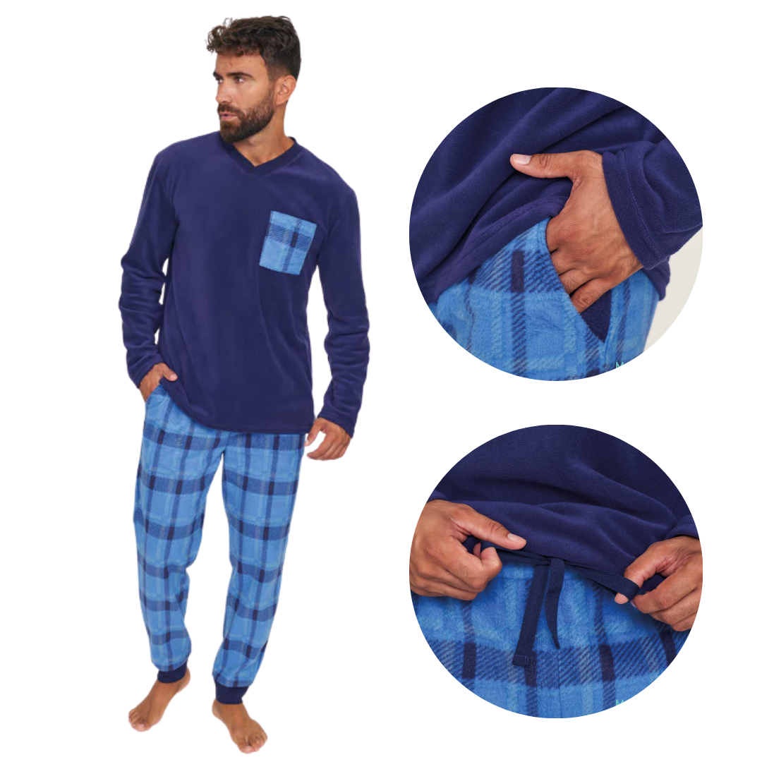 Pigiama Uomo invernale in pile blu scuro con taschino e pantaloni a contrasto azzurro a quadri