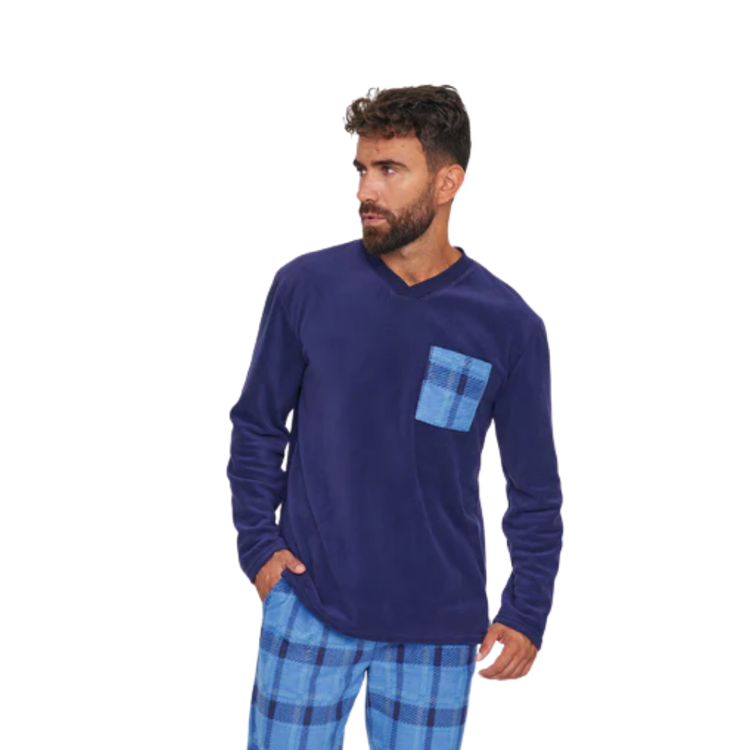 Pigiama Uomo invernale in pile blu scuro con taschino e pantaloni a contrasto azzurro a quadri
