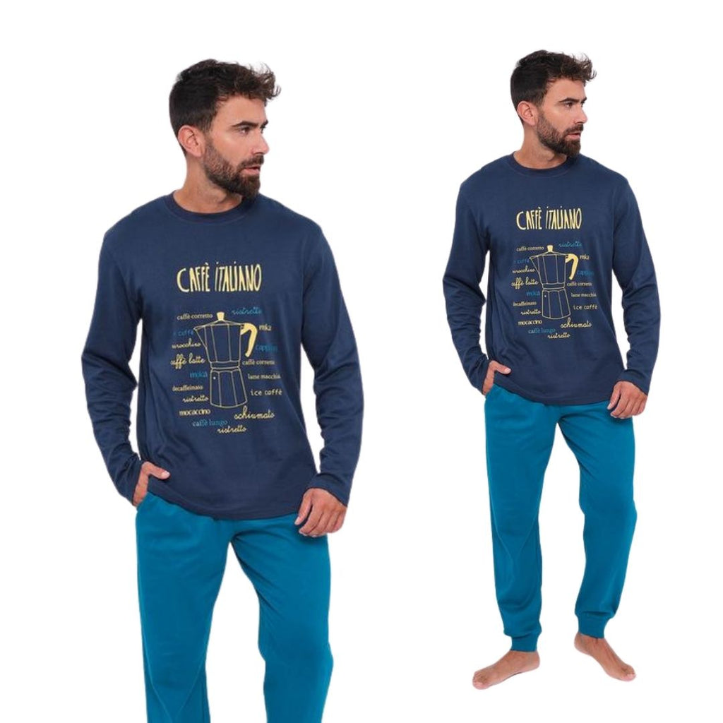 Pigiama Uomo manica lunga pantalone lungo in cotone 100% con fantasia moka caffè