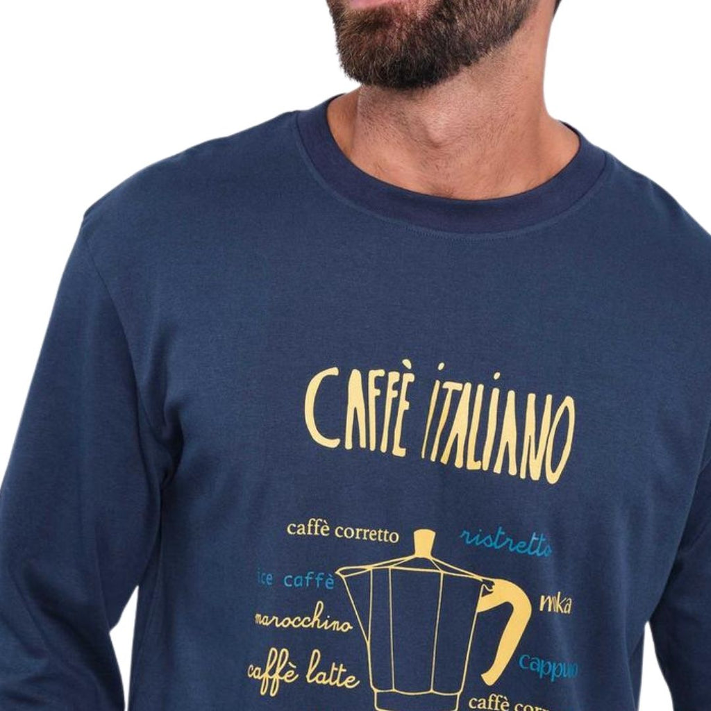 Pigiama Uomo manica lunga pantalone lungo in cotone 100% con fantasia moka caffè