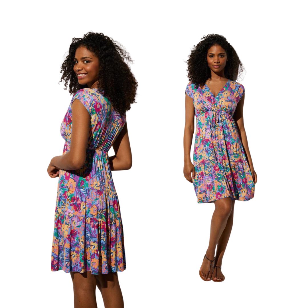 Abito MIDI stampato con fiori multicolori con manica scesa