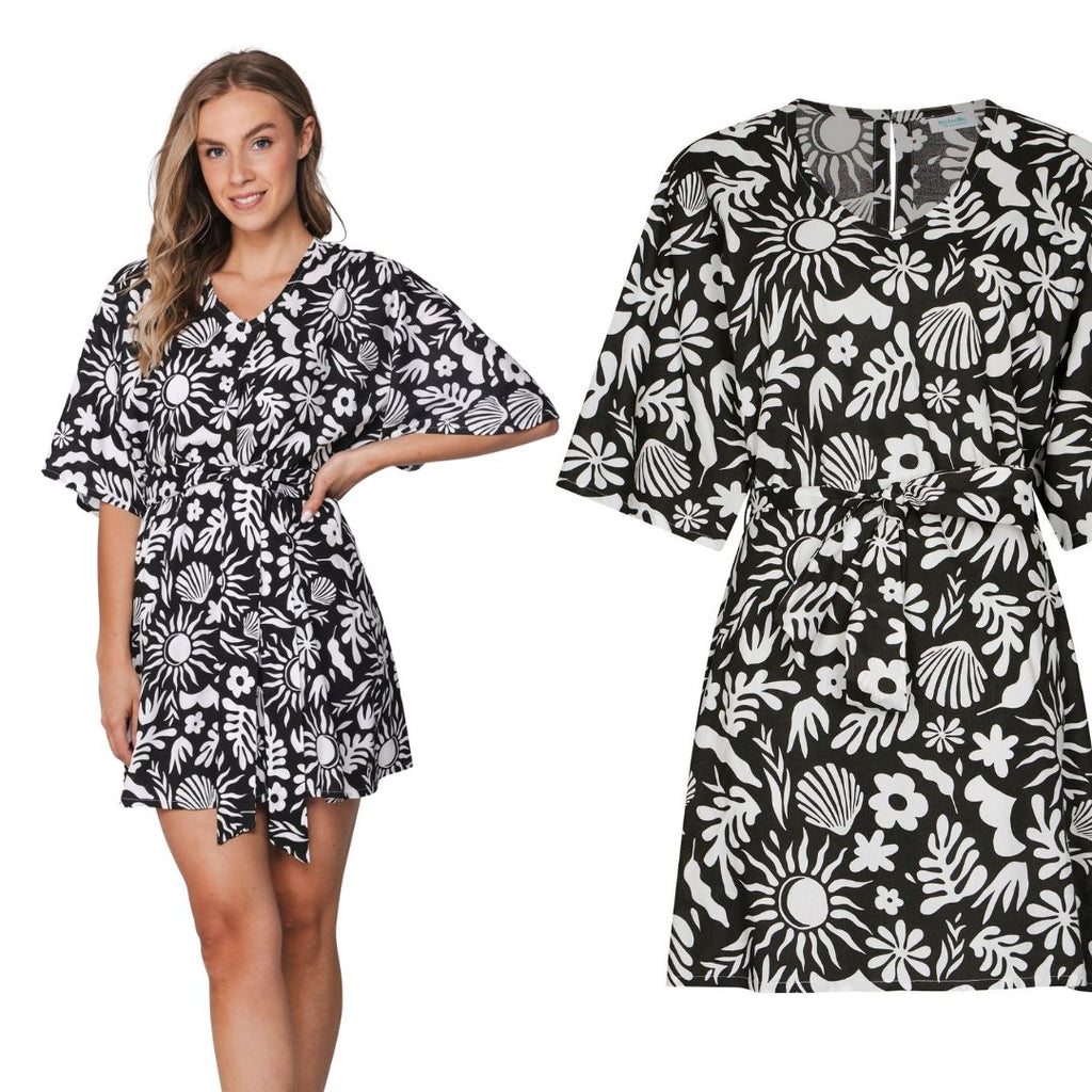 Vestito mezza manica collo A V (90 cm) base NERO con motivi FIORI E LUNA BIANCHI