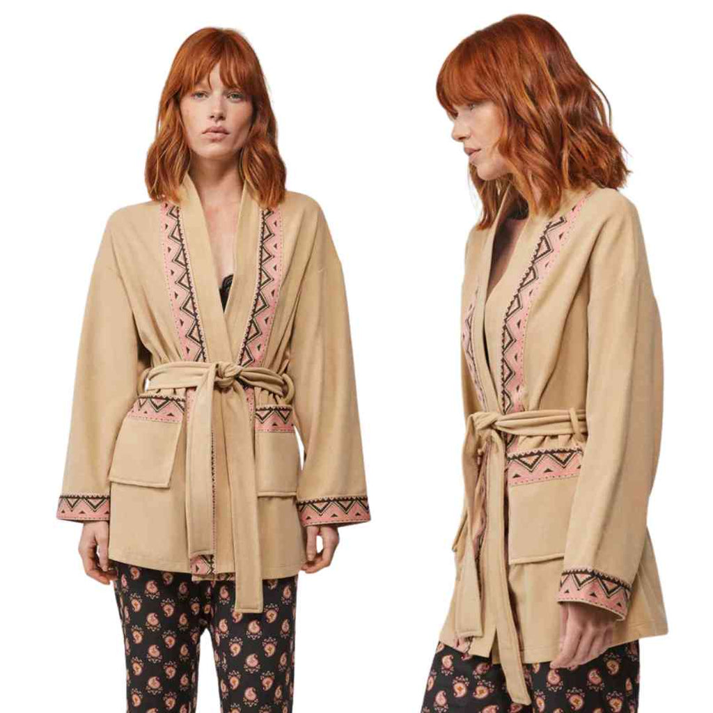KIMONO Vestaglia cammello con greca