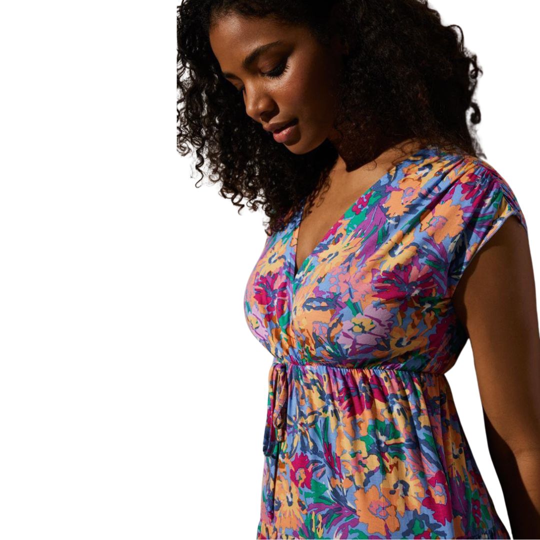 Abito MIDI stampato con fiori multicolori con manica scesa