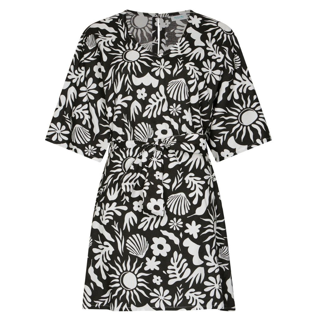 Vestito mezza manica collo A V (90 cm) base NERO con motivi FIORI E LUNA BIANCHI