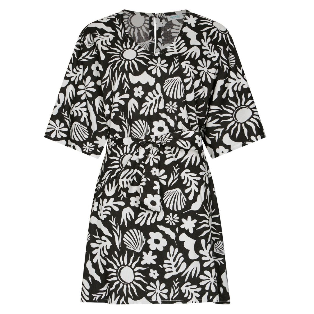 Vestito mezza manica collo A V (90 cm) base NERO con motivi FIORI E LUNA BIANCHI