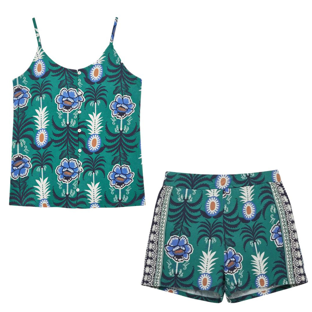 Pigiama Donna Estivo a spalla stretta con disegni fiori e base verde