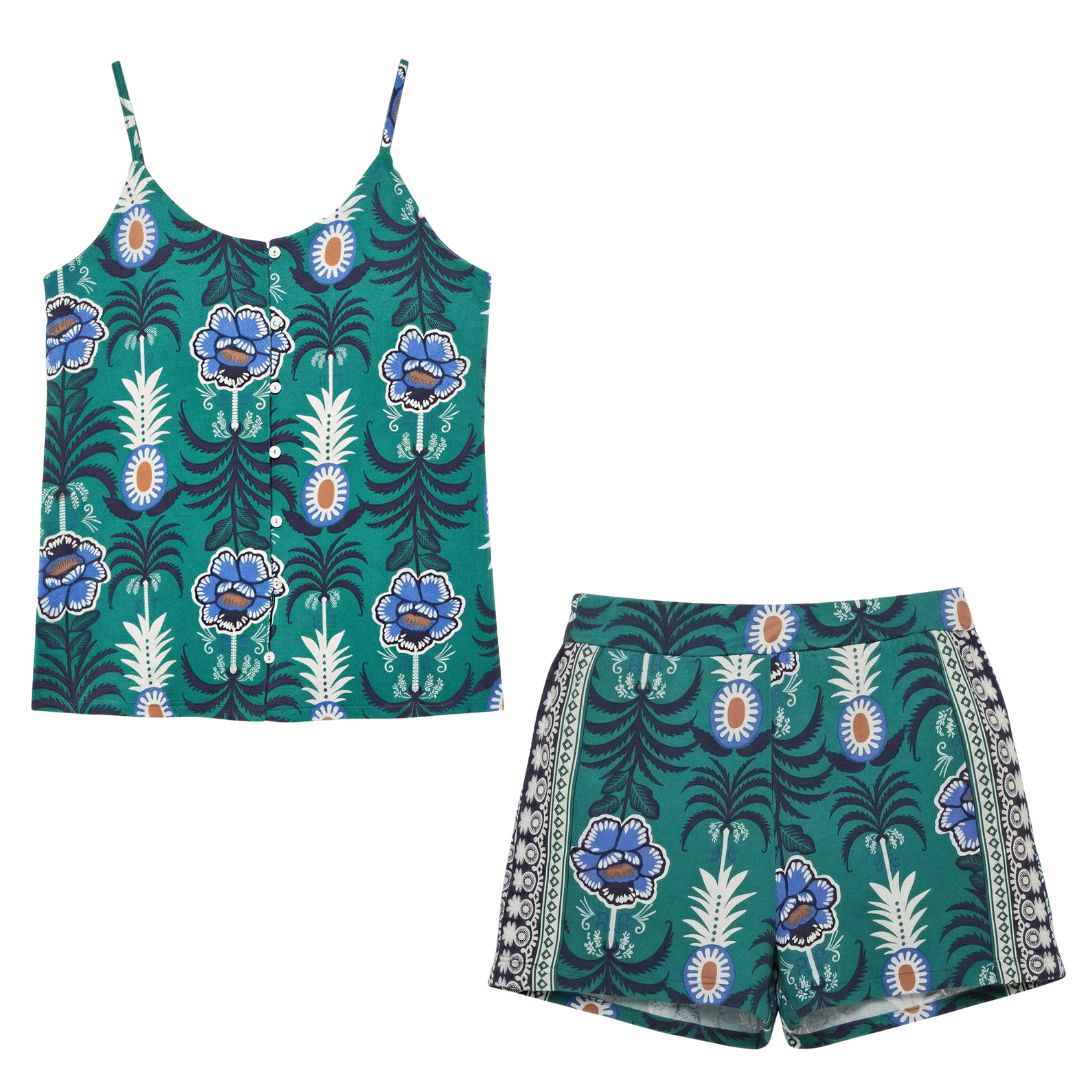 Pigiama Donna Estivo a spalla stretta con disegni fiori e base verde