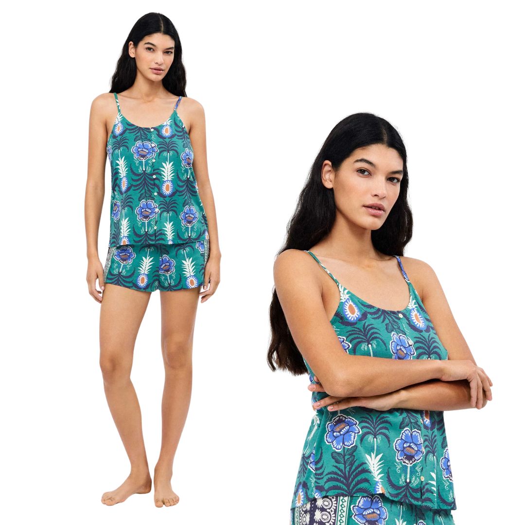 Pigiama Donna Estivo a spalla stretta con disegni fiori e base verde
