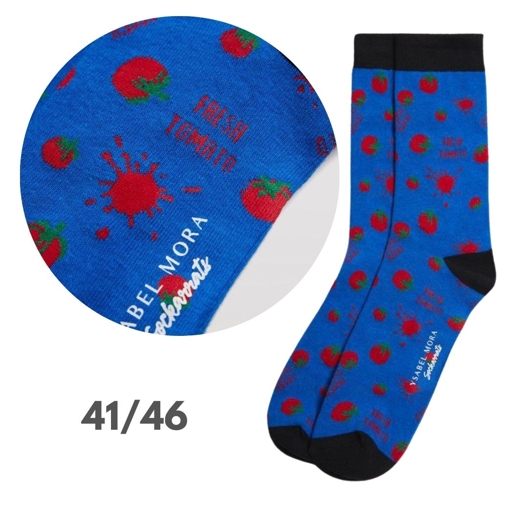 Calza corta in cotone con pomodori su base azzurro
