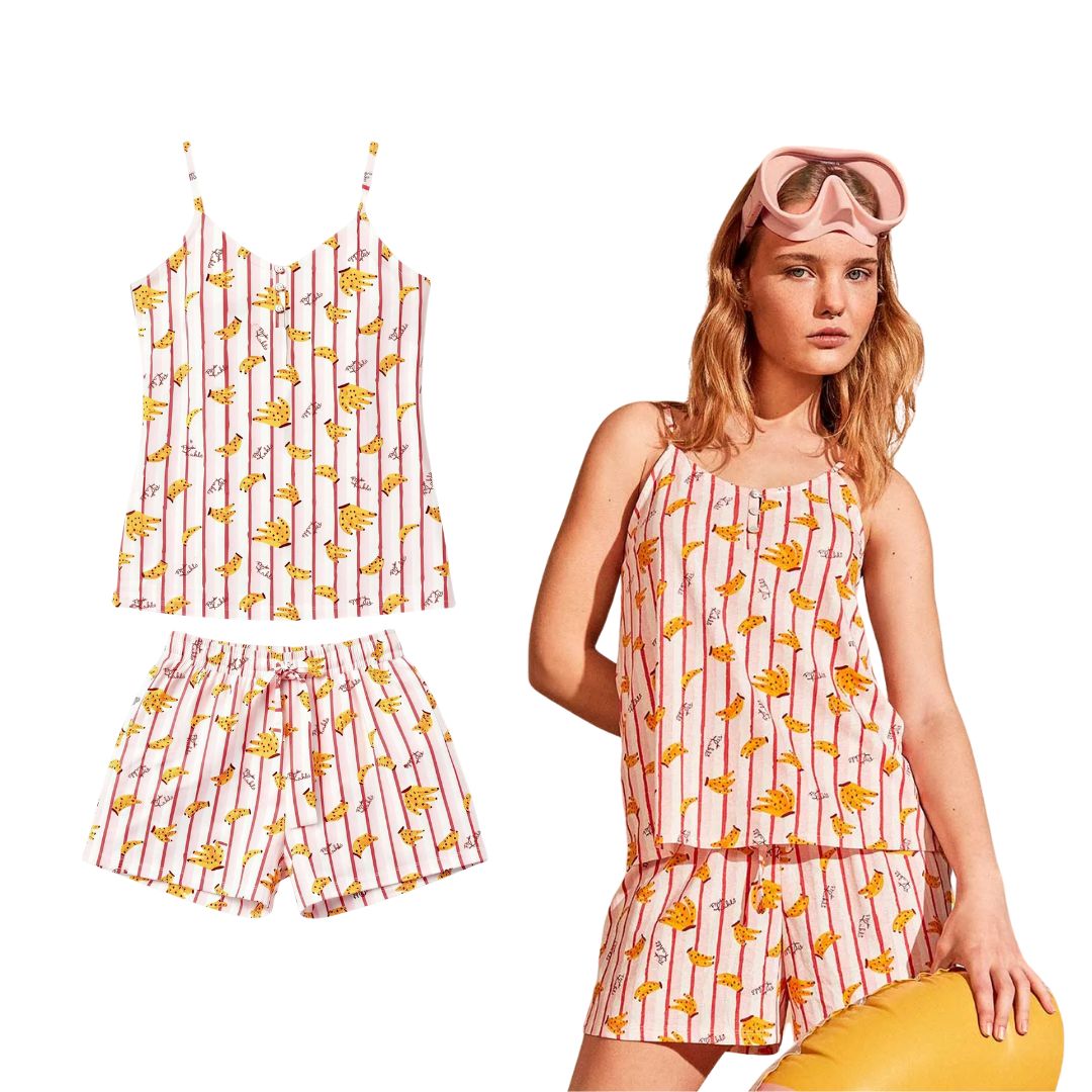 Pigiama in cotone Donna a spalla stretta con fantasia righe e banane collezione Frida Kahlo