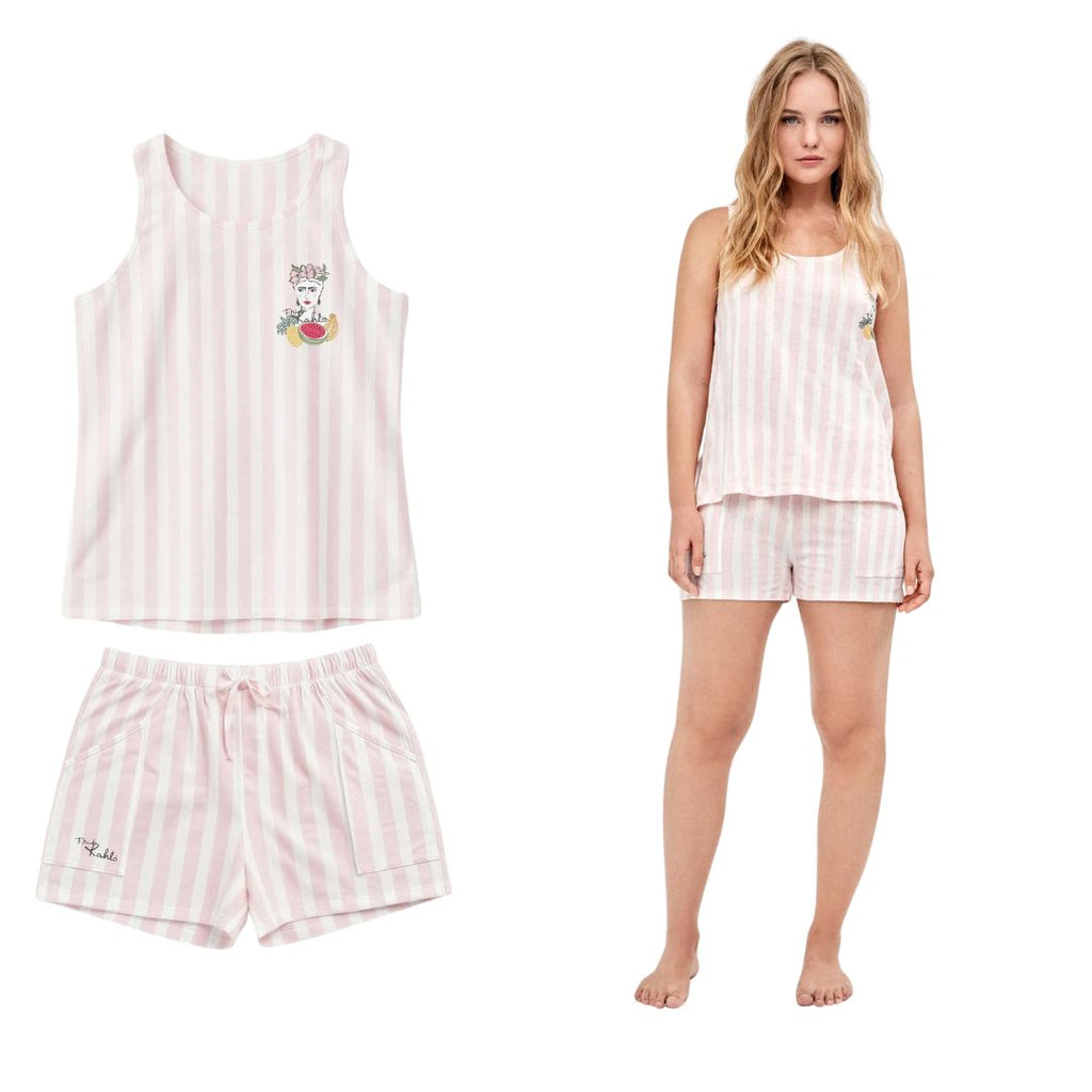 Pigiama collezione Frida Kahlo spalla larga pantaloncino corto a righe verticali rosa