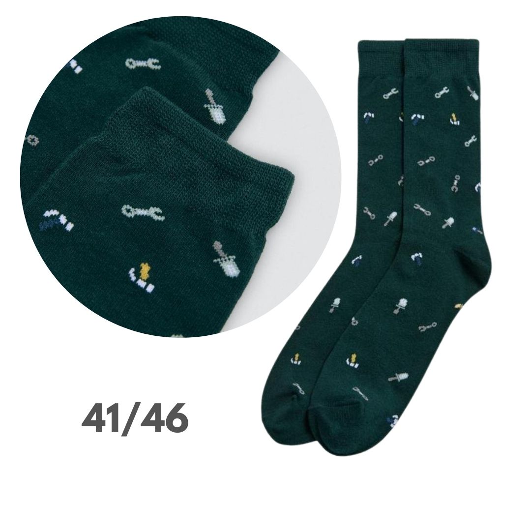 Calza corta in cotone base verde con disegni attrezzi da lavoro&nbsp;