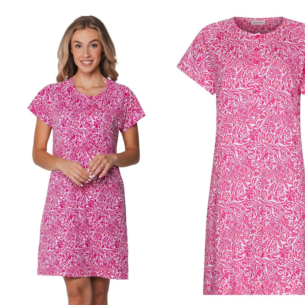 Vestito/ camicia da notte mezza manica con motivi fiorati colore fucsia