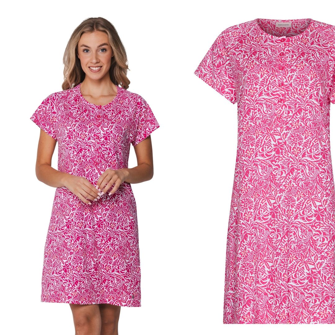 Vestito/ camicia da notte mezza manica con motivi fiorati colore fucsia