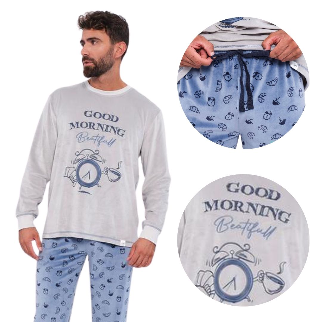 Pigiama uomo invernale in ciniglia con scritta good morning
