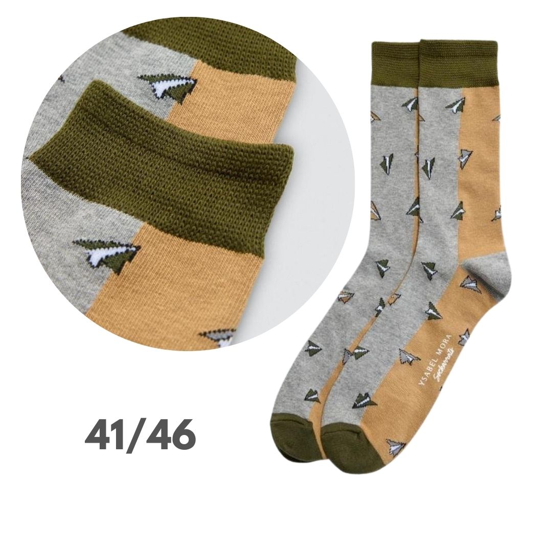 Calza corta in cotone con aereoplanini di carta su base griogio beige  e verde