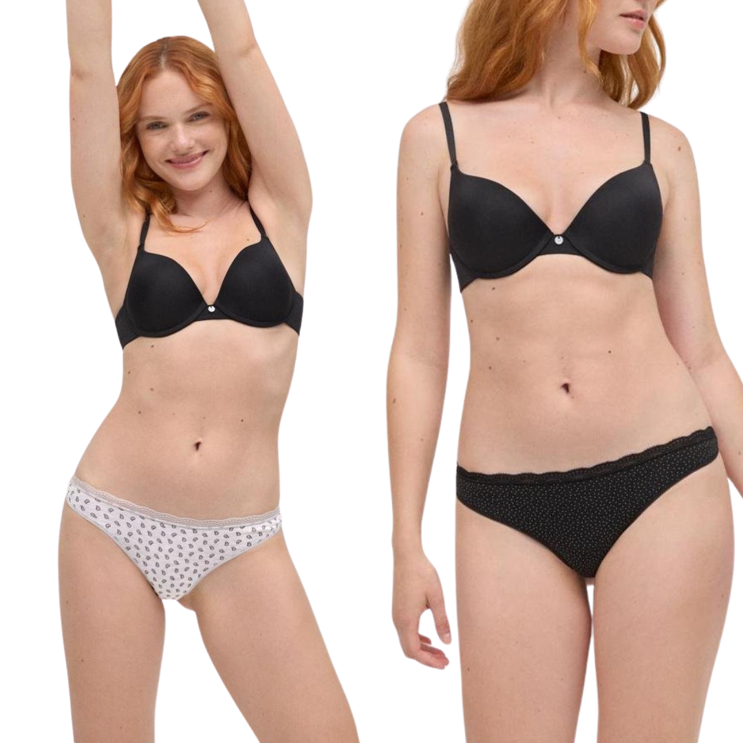TANGA DONNA BI-PACK NERO A POIS E GRIGIO A GOCCIA