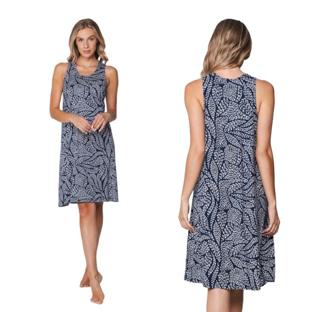Vestito corto spalla larga blu con fantasia tratteggiata