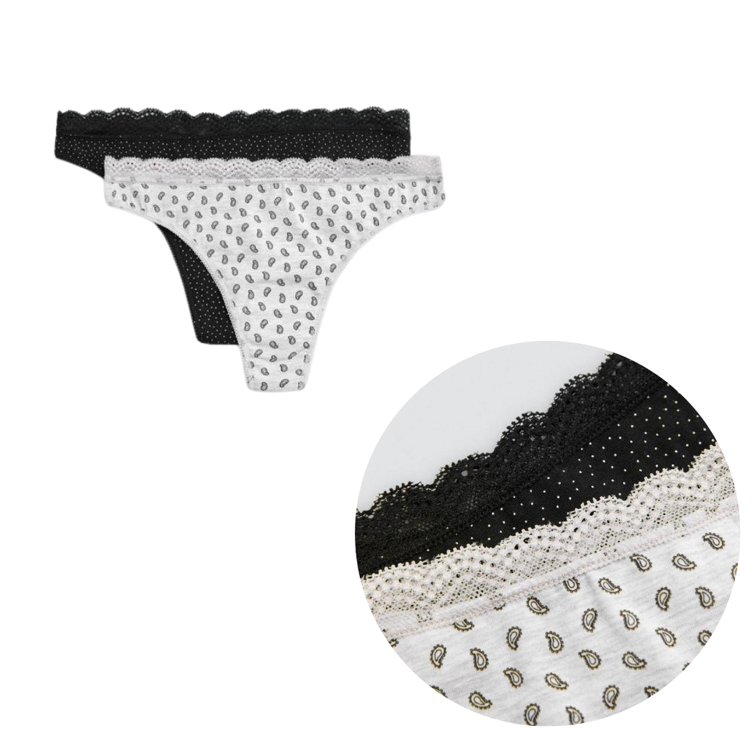 TANGA DONNA BI-PACK NERO A POIS E GRIGIO A GOCCIA