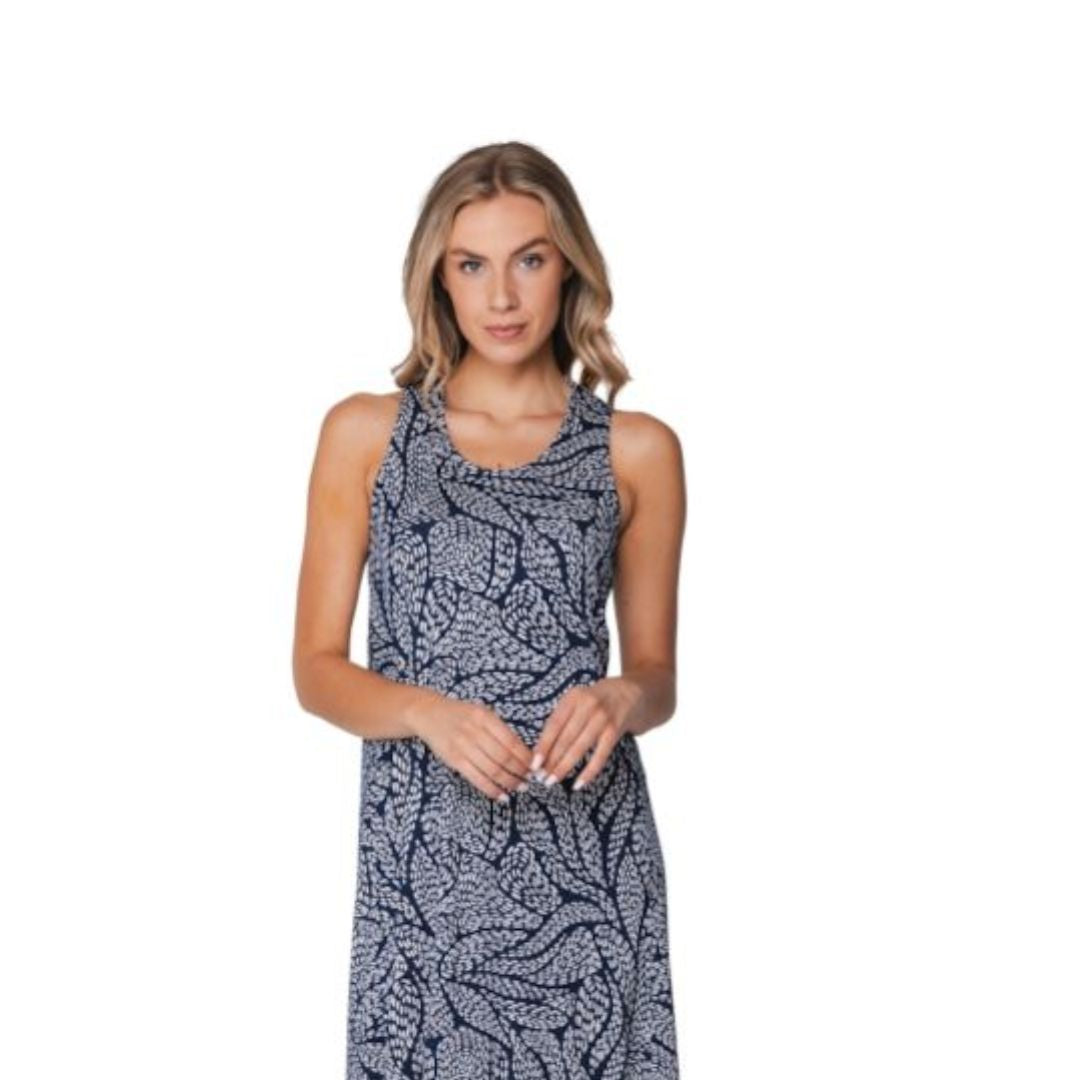 Vestito corto spalla larga blu con fantasia tratteggiata