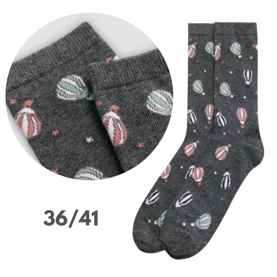 Calza corta in cotone grigio con mongolfiere