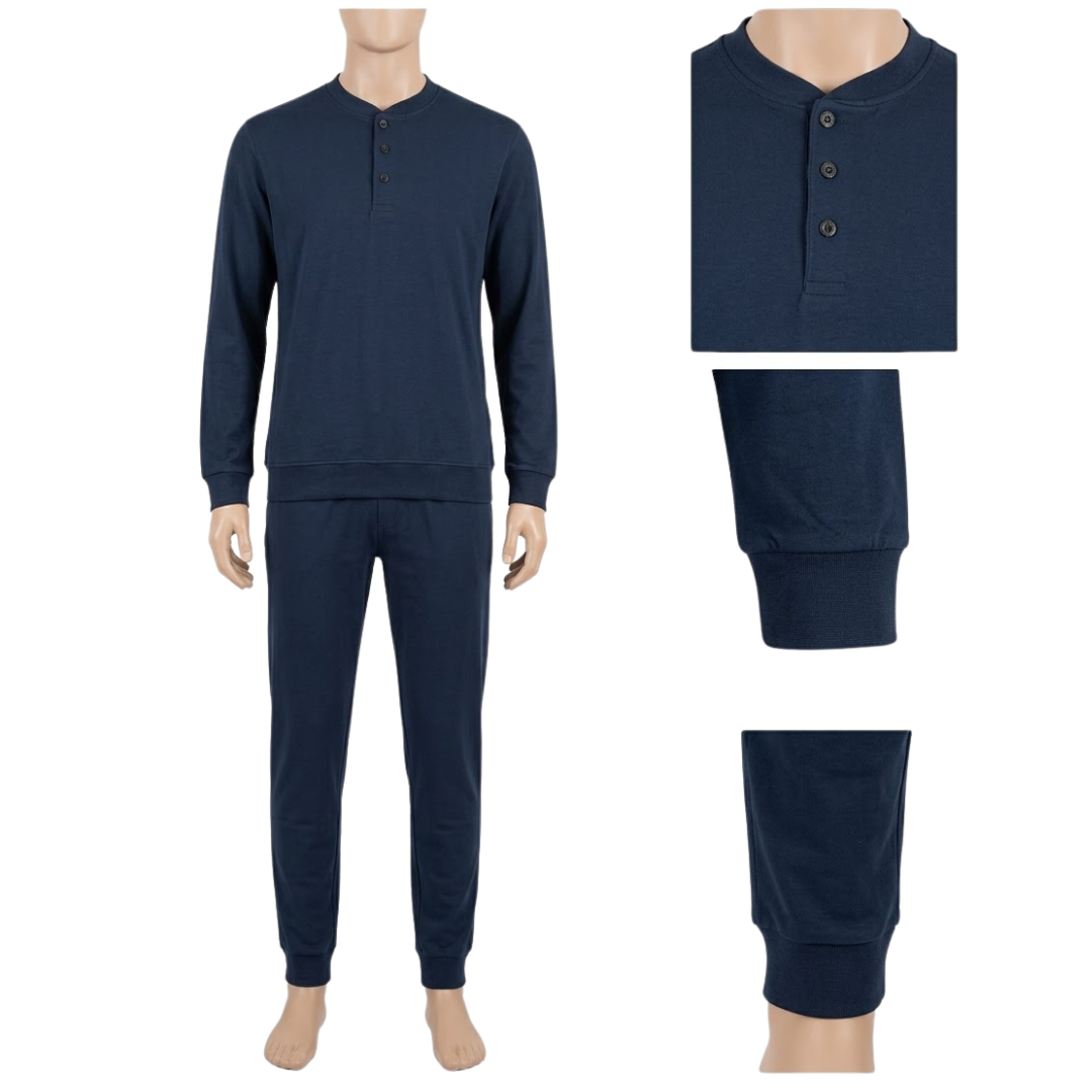 Pigiama Uomo a Serafino in 100% Cotone Interlock – Blu Navy