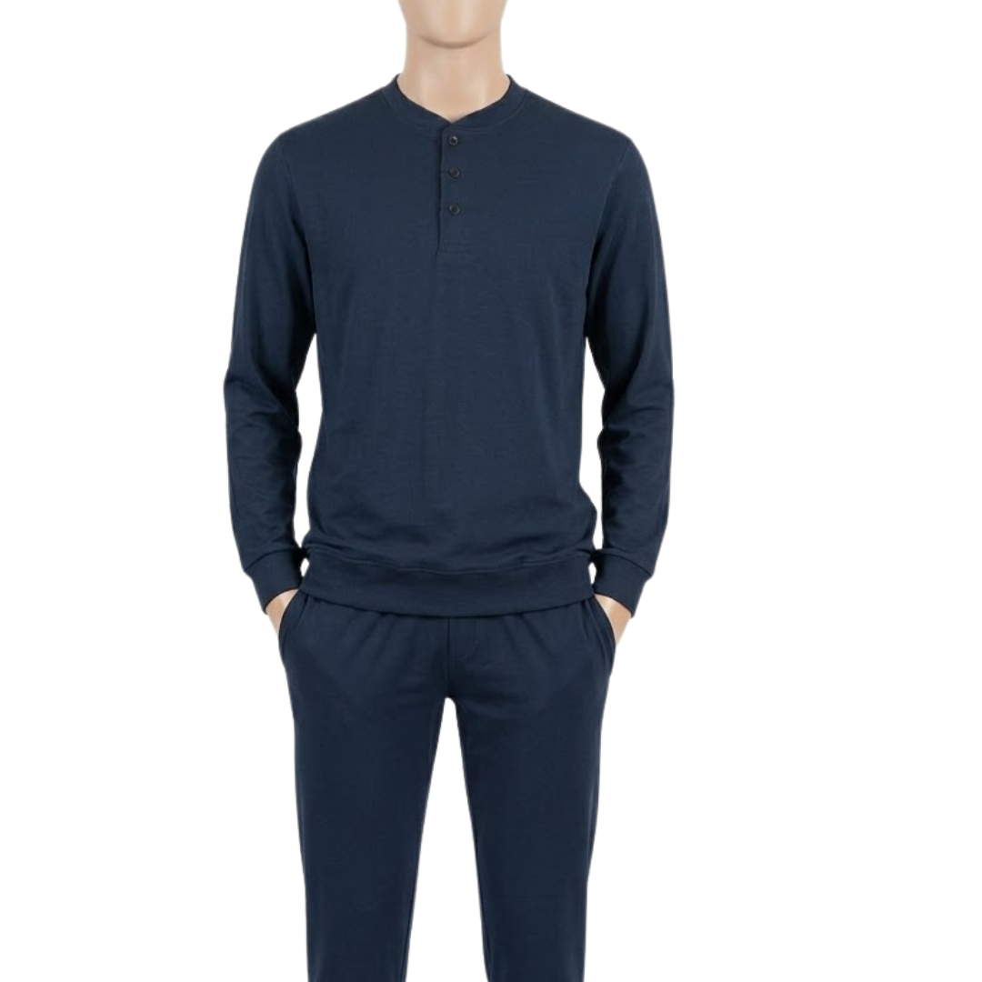 Pigiama Uomo a Serafino in 100% Cotone Interlock – Blu Navy