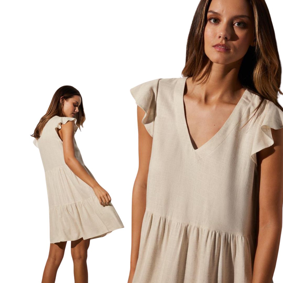Vestito corto beige in viscosa e lino