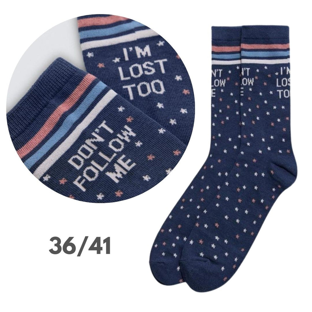 Calza corta in cotone Base blu con fiorellini e scritta "Don't follow me"