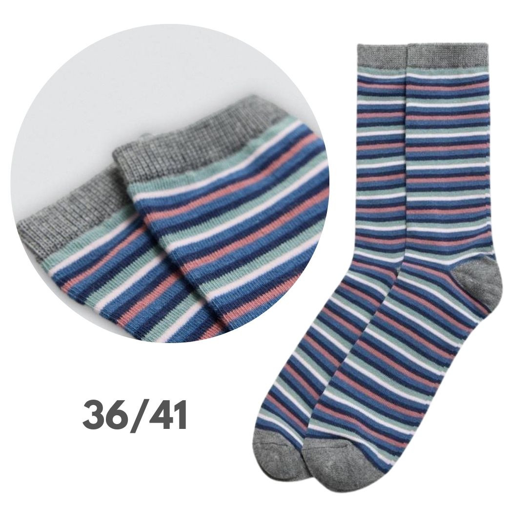Calza corta in cotone a righe blu, verde, bianco e rosa