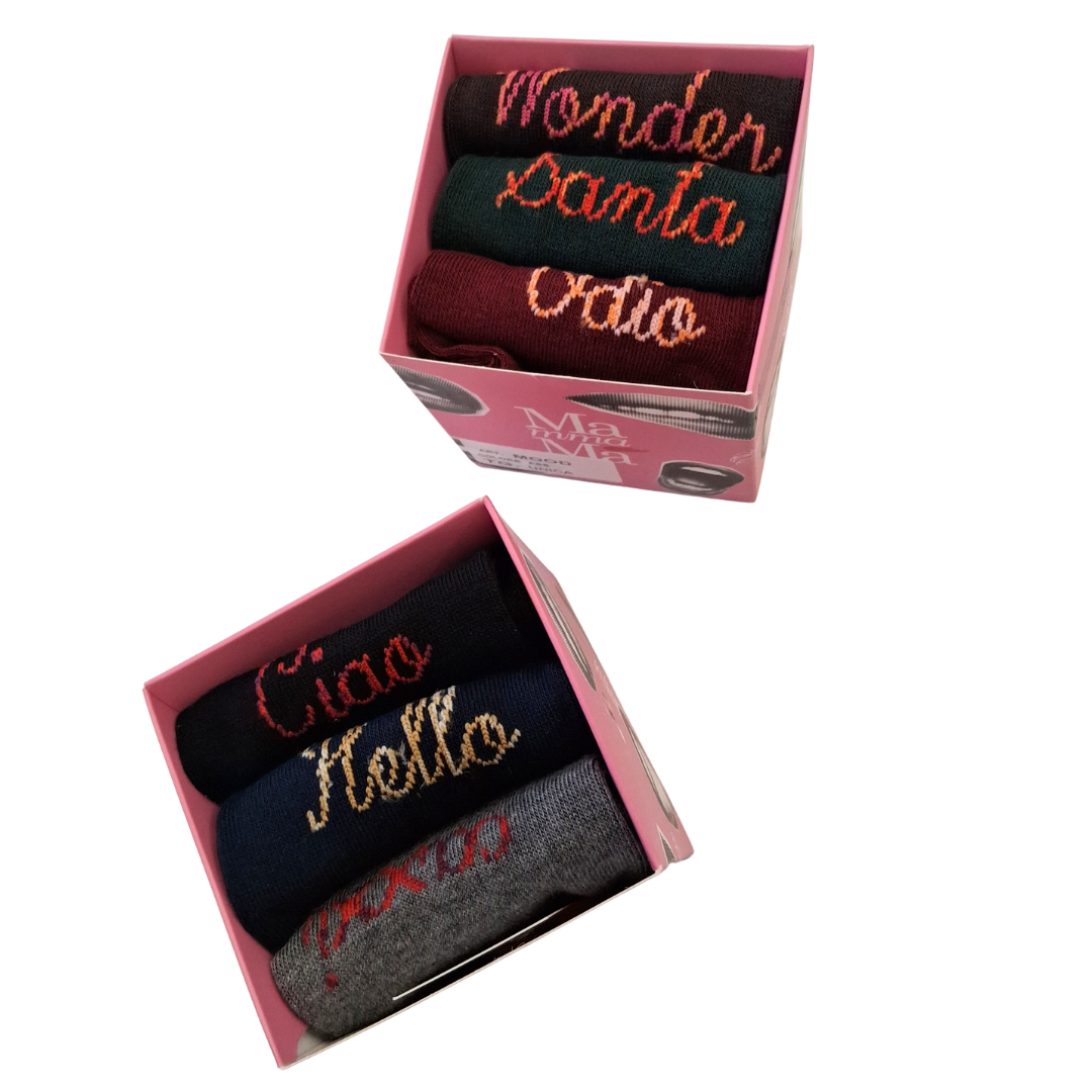 Box 3 Pack Calzini "Mamma Ma" – Wonder Woman, Santa Subito, Odio i Lunedì