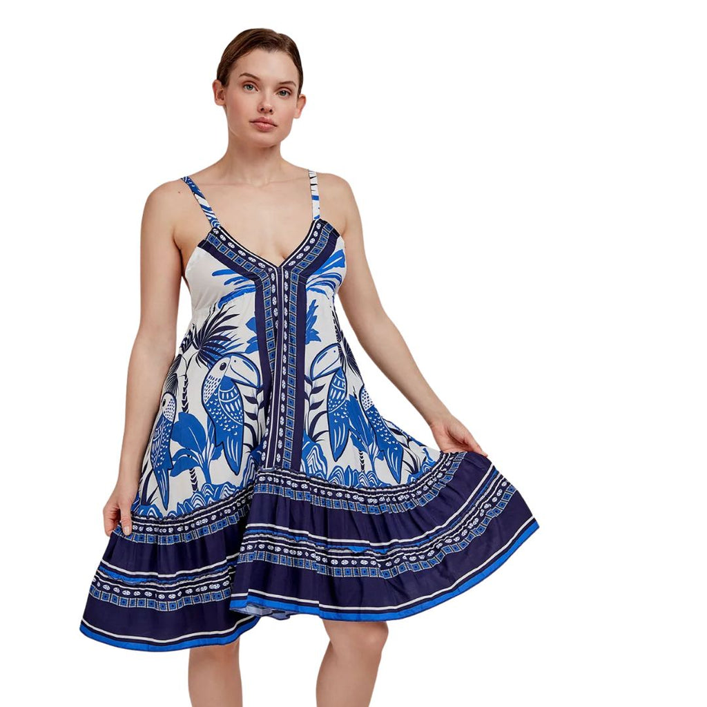 Vestito con Spallina stretta motivo palme e tucani