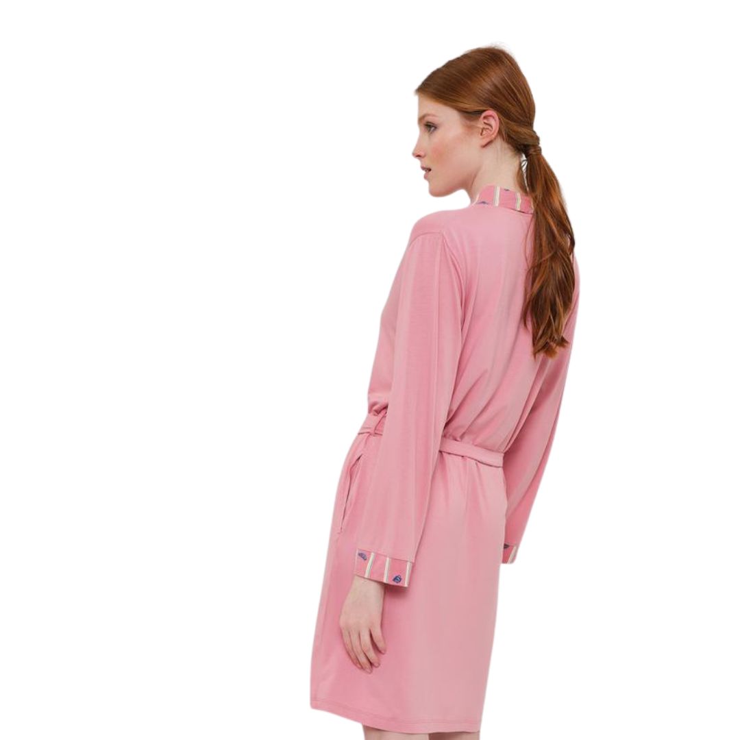 Vestaglia in viscosa freschissima rosa con bordo disegnato con croissant e caffè